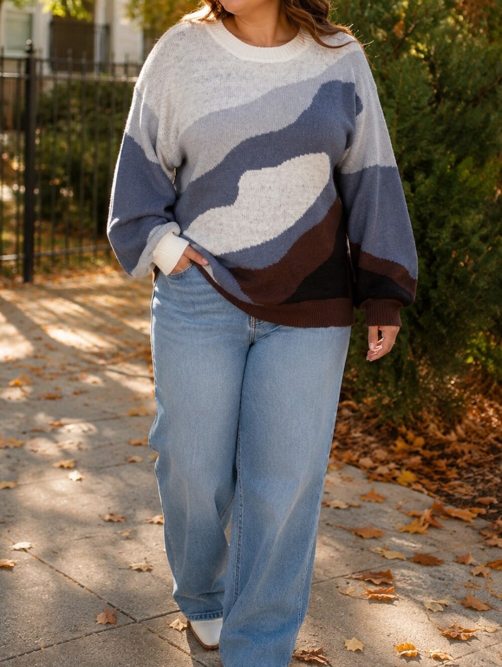 NWT Papillon Blanc Gray Blue Brown Colorblock Crewneck Knit Sweater Cozy Chic